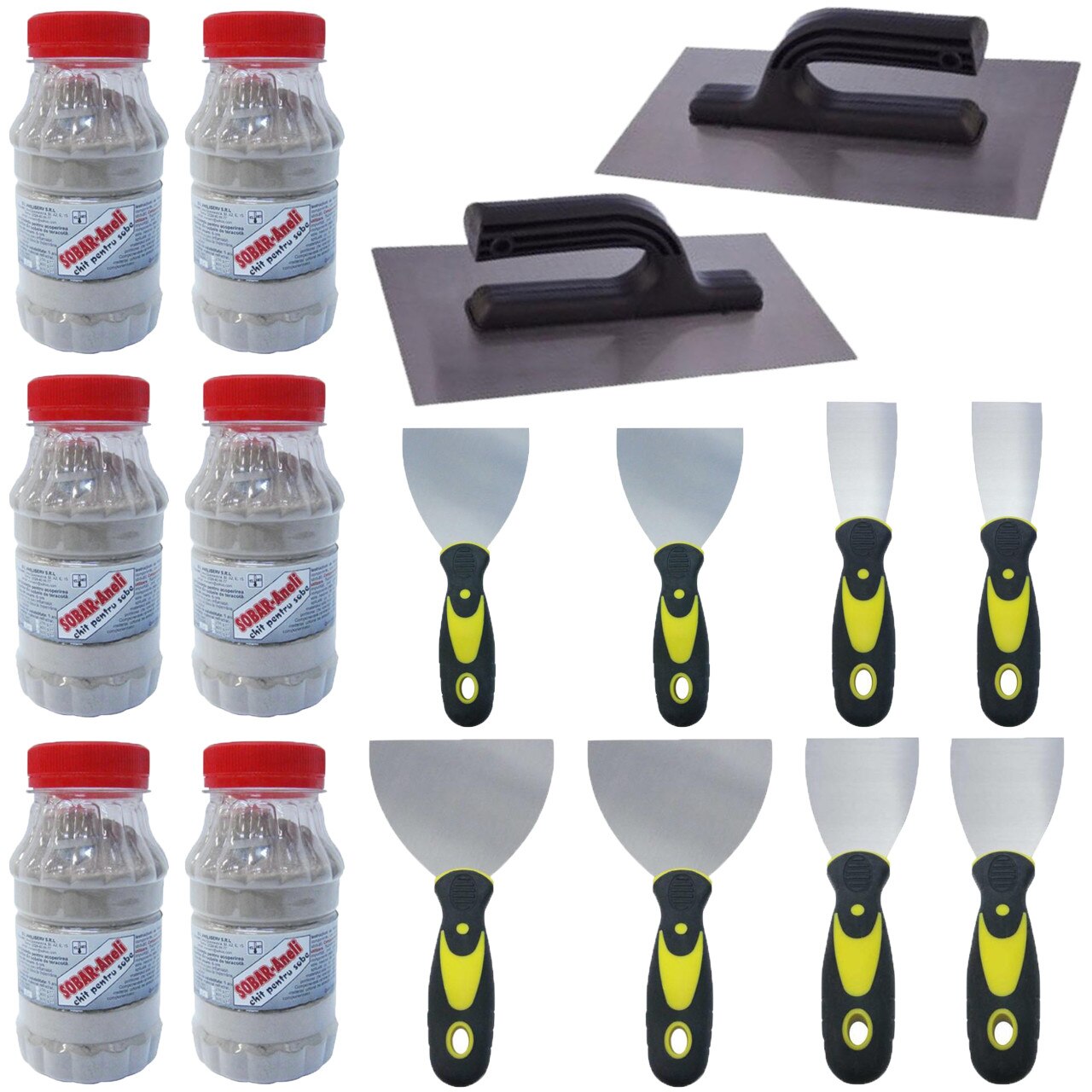 Pachet - 6 x SOBAR-Aneli Chit pentru sobe, 600g + 2 x Drisca/Gletiera dreapta + 2 x Spaclu cu maner din plastic, 5cm + 2 x Spaclu, 7.5cm + 2 x Spaclu, 10cm + 2 x Spaclu, 12.5cm