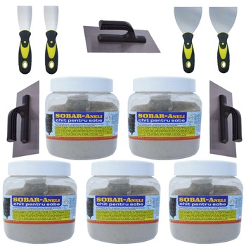 Pachet - 5 x SOBAR-Aneli Chit pentru sobe, 900g + 3 x Drisca/Gletiera dreapta + 2 x Spaclu cu maner din plastic, 5cm + 2 x Spaclu cu maner din plastic, 10cm Pachet - 5 x SOBAR-Aneli Chit pentru sobe, 900g + 3 x Drisca/Gletiera dreapta + 2 x Spaclu cu maner din plastic, 5cm + 2 x Spaclu cu maner din plastic, 10cm