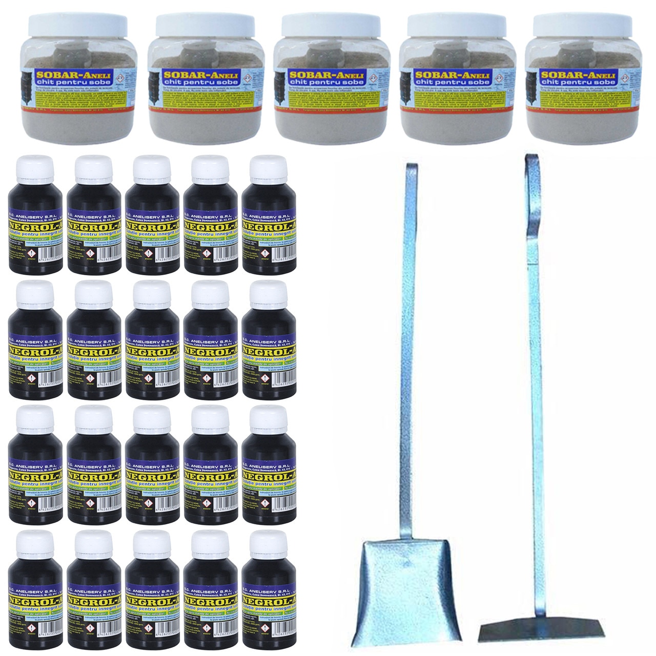 Pachet - 20 x Negrol Aneli, Solutie pentru inegrit sobe cu plite, 100ml + 5 x Chit de Soba, SOBAR-Aneli, 900g + Set (Vatrai + Faras)