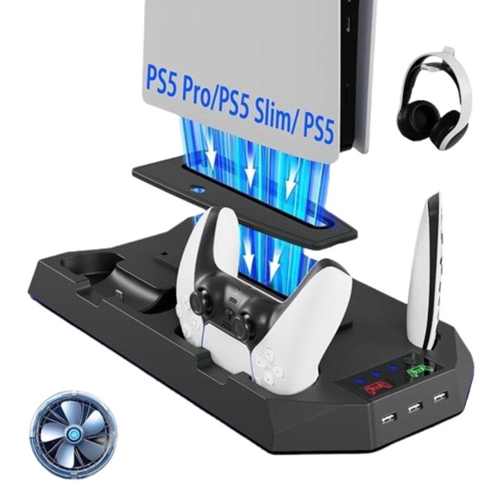 PS5 hűtő, Rqiurpn, dupla kontroller töltőállomás, 3 sebességes ventilátor, 3 USB port