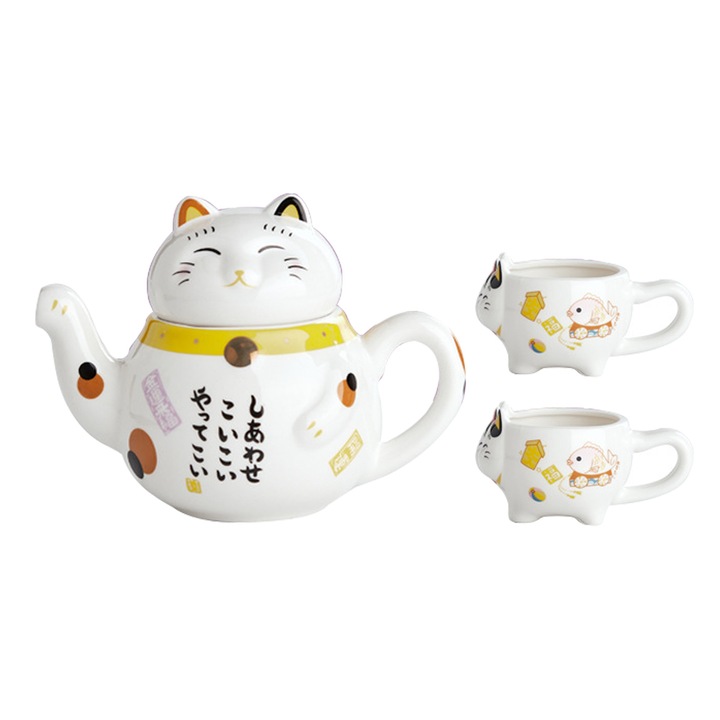 Teáskanna/2 csésze szett, Enforose, Macska modell, Kerámia, Sárga részletek
