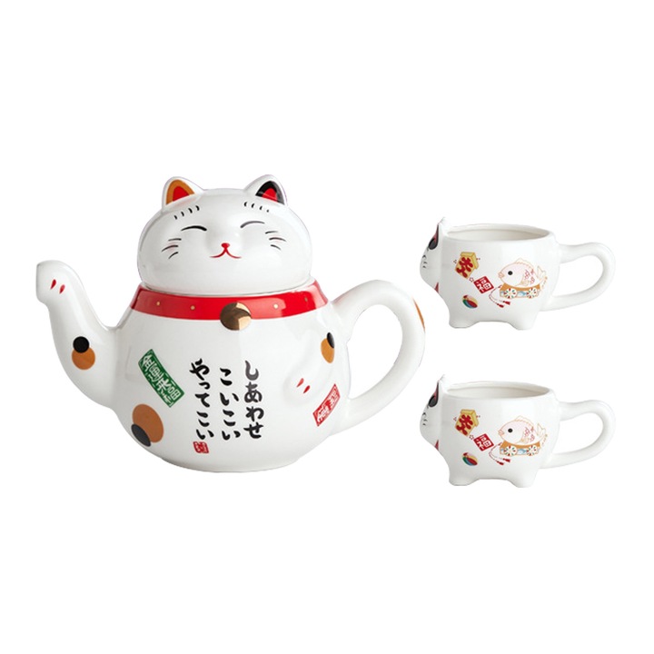 Teáskanna/2 csésze szett, Enforose, Macska modell, Kerámia, Piros részletek