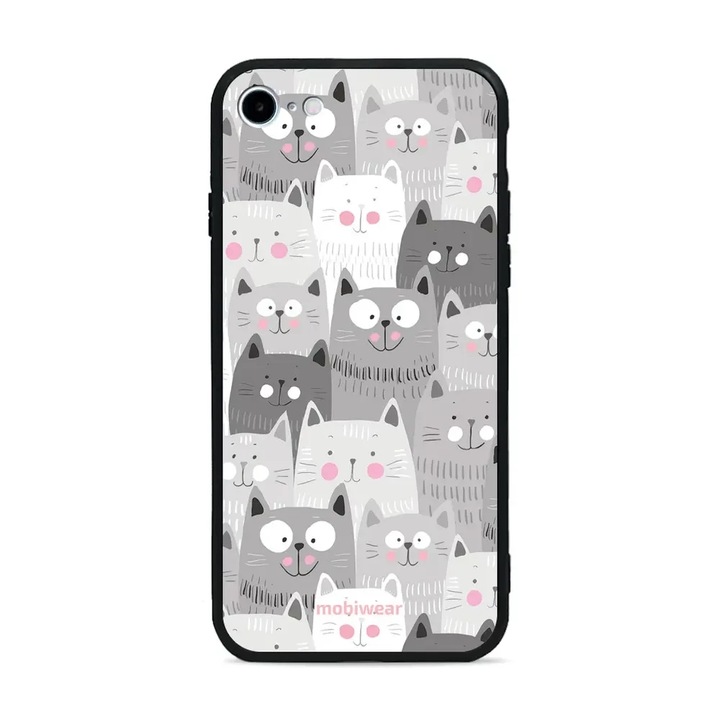 Калъф за телефон, Mobiwear, котешки дизайн, пълна защита, сив/бял, за Apple iPhone 7/8/SE 2020/SE 2022