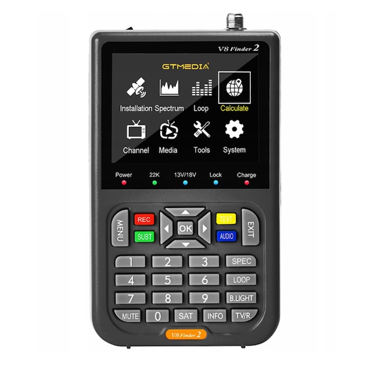 Locator de satelit, GTMEDIA, LCD de 3,5 inch, negru, suport DVB-S2/S2X, baterie de 4000 mAh