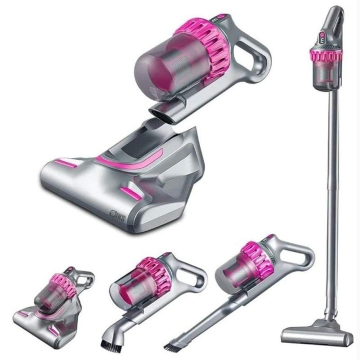 Aspirator Vertical Portabil 4 in 1 Fara Fir SIKS Pentru Casa Si Masina, Cu Filtru Hepa Antiacarieni, 3 Trepte De Viteza, 260 ml, Perie Flexibila Cu Led, Roz/Gri