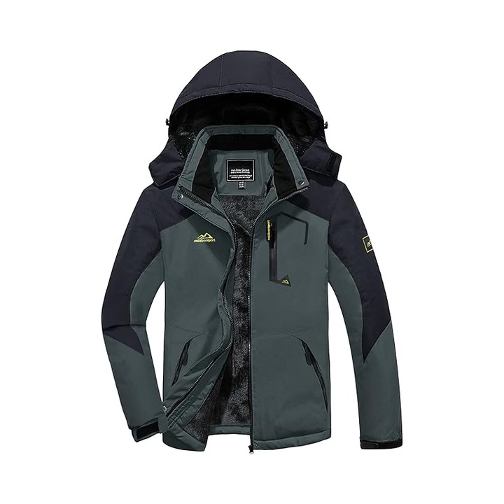Geaca barbateasca KEFITEVD impermeabila pentru ski si snowboard, captusita cu fleece, calduroasa, cu gluga, Marimea L, Gri / Negru
