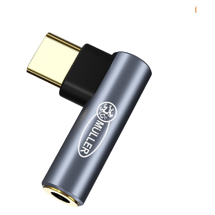Muller® 90 градусов аудио адаптер за телефон, USB тип C до 3,5 mm жак, компактен TRSS, DAC ADC 16bit 48KHz, Hi-Res Hi-Fi позлатен, сив