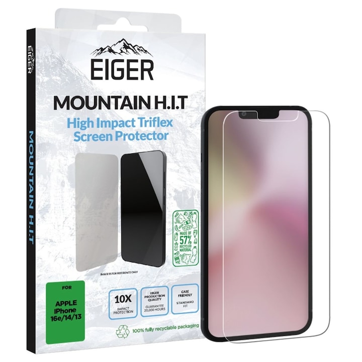 Прозрачен протектор за екран Eiger Clear Triflex HIT, съвместим с iPhone 16e / iPhone 14 / iPhone 13 / iPhone 13 Pro Clear