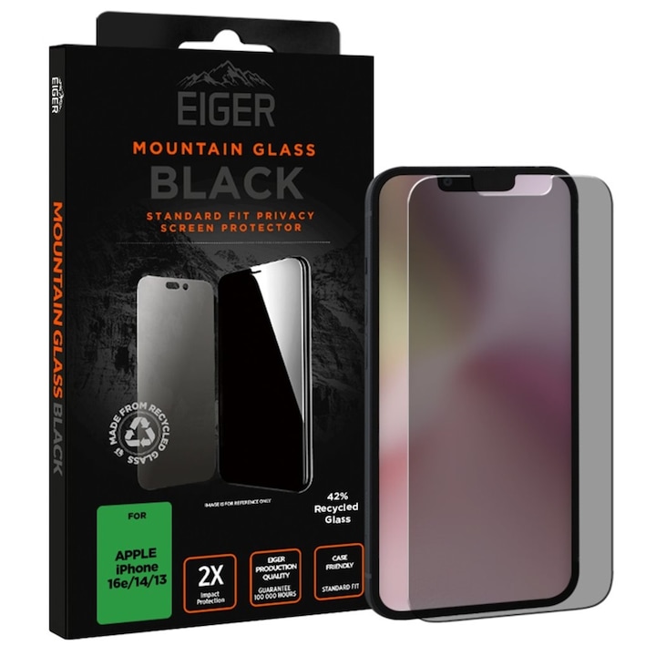 iPhone 16e / iPhone 14 / iPhone 13 / iPhone 13 Pro Black készülékkel kompatibilis Eiger Mountain Glass Privacy képernyővédő fólia