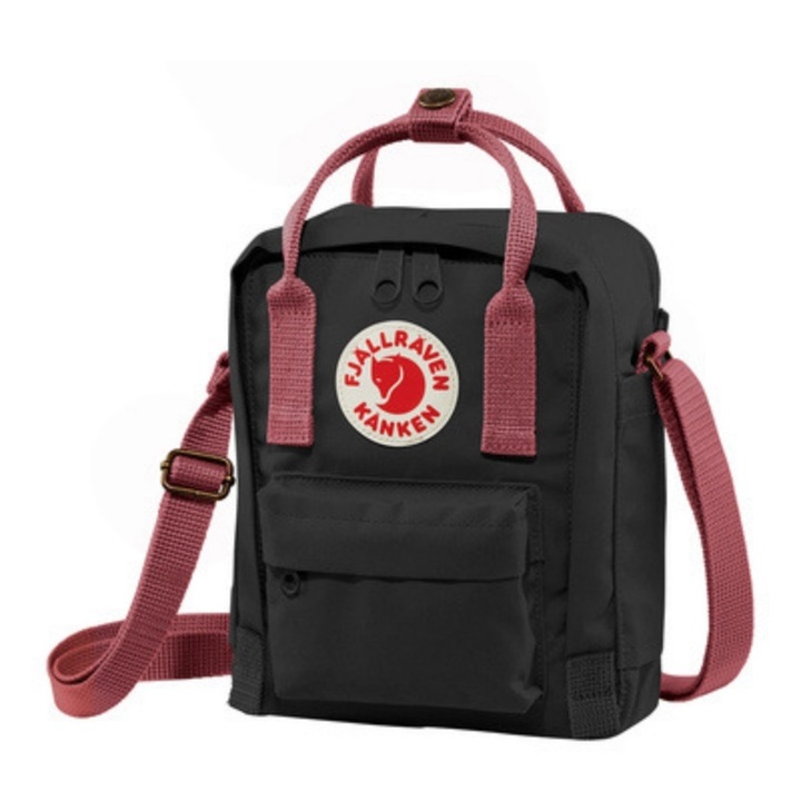 Fjallraven Kanken válltáska, kompakt, praktikus és könnyen hordozható, mobiltelefont is elfér, fekete/piros pánt, 20 cm x 15 cm x 11 cm