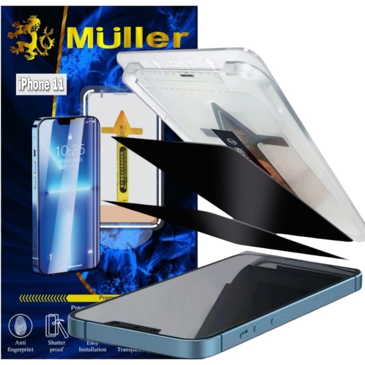 Folie de Protectie Privacy Müller® Premium pentru iPhone 11, cu Kit de Aplicare Instanta si Functie Automata de Indepartare a Prafului, din Sticla Securizata 9H+, Ultra Claritate Super HD, Tratament Electronic Oleofobic si Anti Amprente