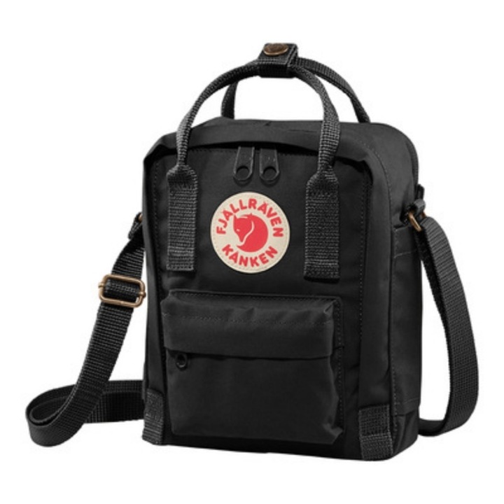 Fjallraven Kanken válltáska, kompakt, praktikus és könnyen hordozható, mobiltelefont is elfér benne, fekete, 20cm x 15cm x 11cm