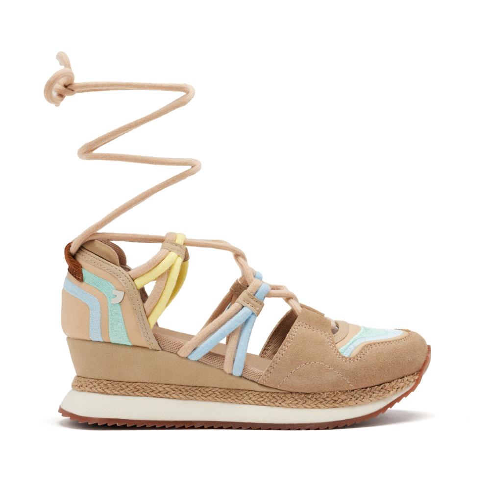 Gioseppo, Sandale din piele intoarsa cu talpa demi-wedge si insertii din material textil, Bej, 39