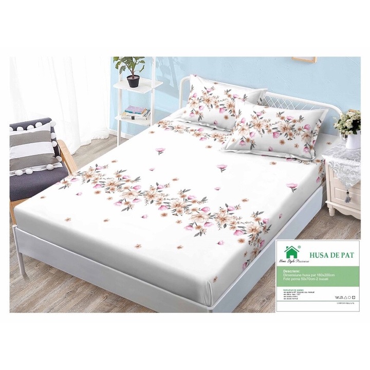 Husa de pat si fete de perna, Finet, 3 piese, 1 persoana, 160x200cm, imprimeu, deosebit, multicolor