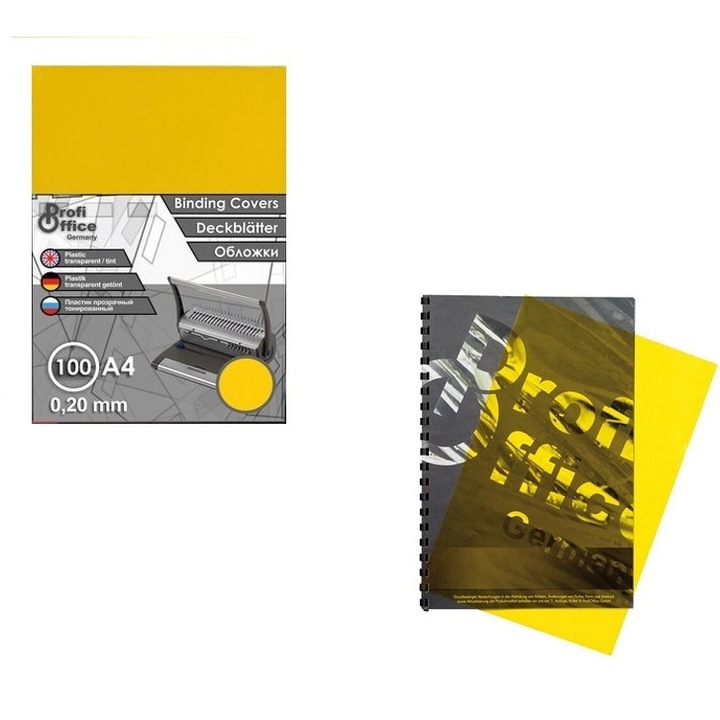 Прозрачни корици за подвързване ProfiOffice, А4, 200 мкр, цветни жълти, 100 листа пакет
