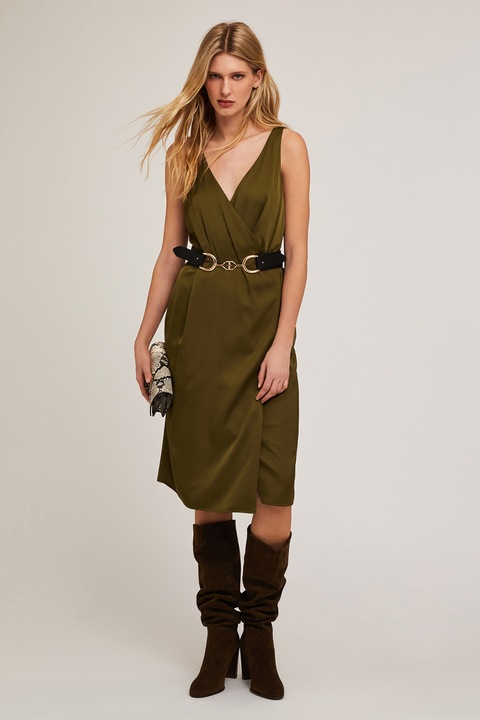 MOTIVI, Rochie midi drapata cu decolteu in V, Kaki