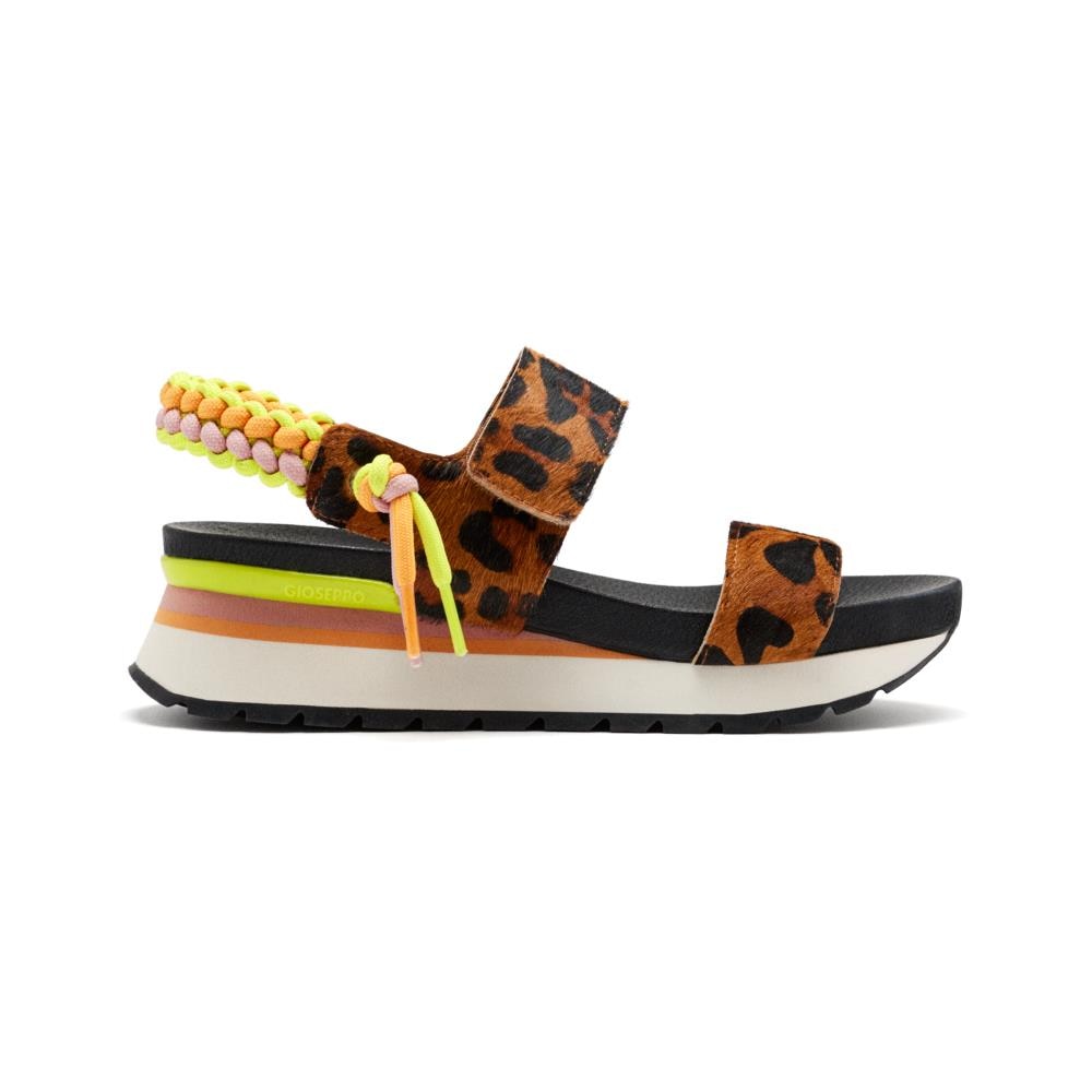 Gioseppo, Sandale cu piele cu par scurt si inchidere velcro, Verde, Maro inchis, Maro nisip, 39