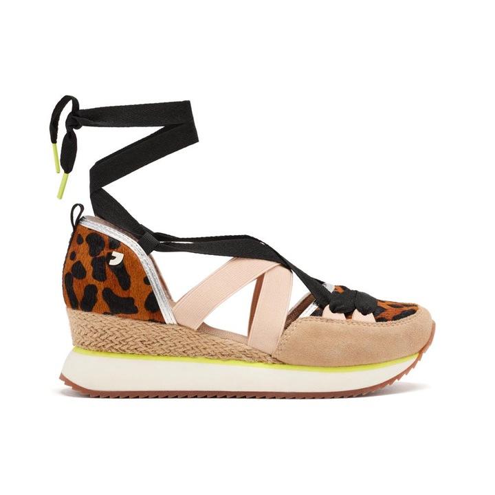 Gioseppo, Pantofi cu talpa wedge si insertii din piele intoarsa, Maro inchis/Negru/Maro nisip