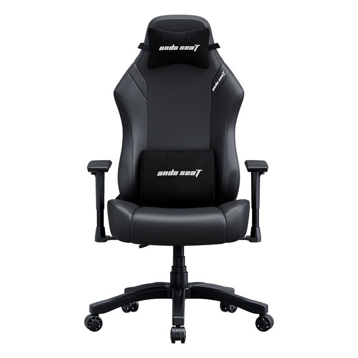 Scaun de gaming, Anda Seat, Luna L, Piele PVC, Negru, Design ergonomic compact, Spatar inalt cu suport lombar fix, Cotiere fixe, Baza din nylon, Conceput pentru utilizatori sub 170 cm, Greutate maxima: 90 kg