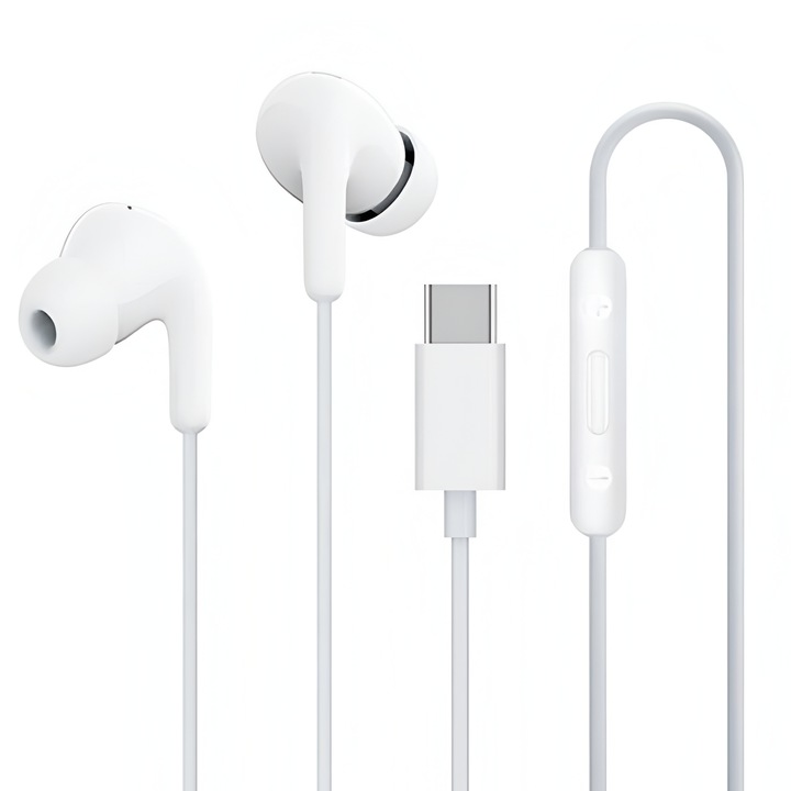 Casti MI Type-C, Sunet Clar si Puternic, Microfon HD cu Anulare Zgomot, Conectare Rapida USB-C, Design Ergonomic, Rezistente la Apa si Praf, Casti pentru Muzica si Apeluri, Alb