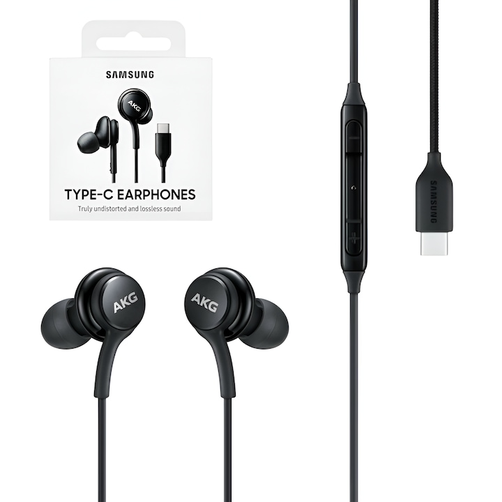 Слушалки Samsung USB Type-C EO-IC100 от ONSG®, първокласен звук, калибриран от AKG, USB Type-C свързаност, ергономичен дизайн, двупосочни високоговорители, вграден микрофон, съвместимост със Samsung, черен