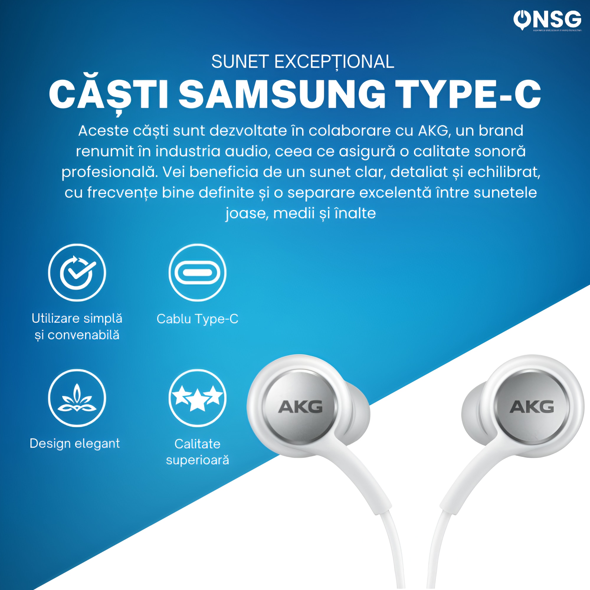 Casti pentru Samsung USB Type-C EO-IC100, by ONSG®, Sunet Premium Calibrat de AKG, Design Ergonomic, Difuzoare Dual-Way, Microfon Integrat, Conectivitate Stabilizata, Accesorii Audio, Culoare Alb