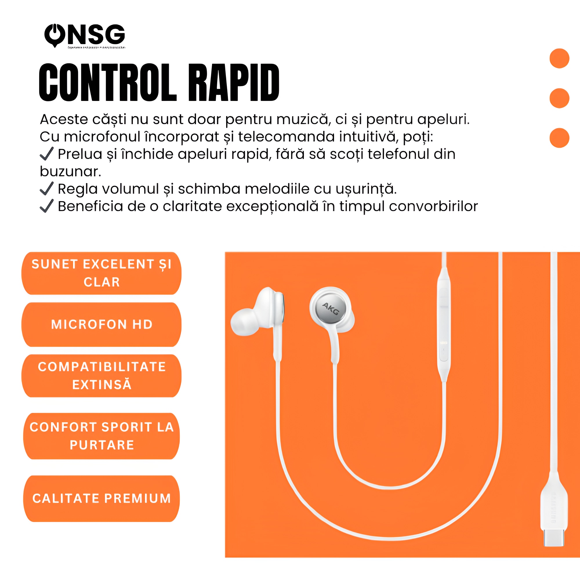 Casti pentru Samsung USB Type-C EO-IC100, by ONSG®, Sunet Premium Calibrat de AKG, Design Ergonomic, Difuzoare Dual-Way, Microfon Integrat, Conectivitate Stabilizata, Accesorii Audio, Culoare Alb