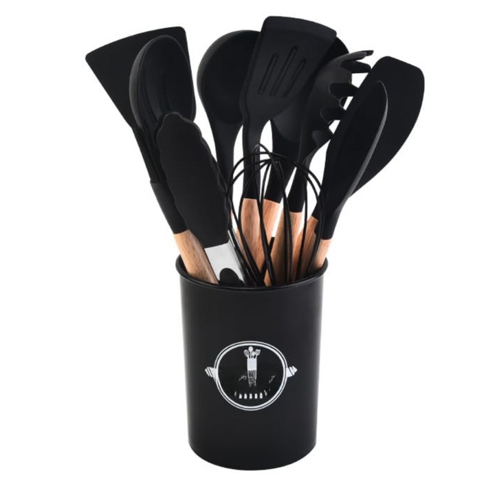 Set Premium Ustensile de Bucatarie pentru Gatit, 12 Piese din Silicon cu Manere din Lemn Bambus Ergonomice, Durabile, Sigur pentru Alimente, Rezistente la Temperaturi Inalte, Usor de Curatat si Organizat, Negru