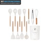 Set Premium Ustensile de Bucatarie pentru Gatit, 12 Piese din Silicon cu Manere din Lemn Bambus Ergonomice, Durabile, Sigur pentru Alimente, Rezistente la Temperaturi Inalte, Usor de Curatat si Organizat, Alb