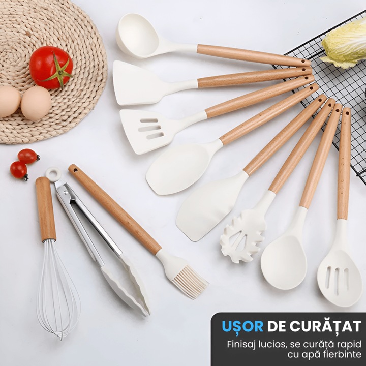 Set Premium Ustensile de Bucatarie pentru Gatit, 12 Piese din Silicon cu Manere din Lemn Bambus Ergonomice, Durabile, Sigur pentru Alimente, Rezistente la Temperaturi Inalte, Usor de Curatat si Organizat, Alb