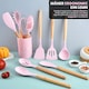 Set Premium Ustensile de Bucatarie pentru Gatit, 12 Piese din Silicon cu Manere din Lemn Bambus Ergonomice, Durabile, Sigur pentru Alimente, Rezistente la Temperaturi Inalte, Usor de Curatat si Organizat, Roz