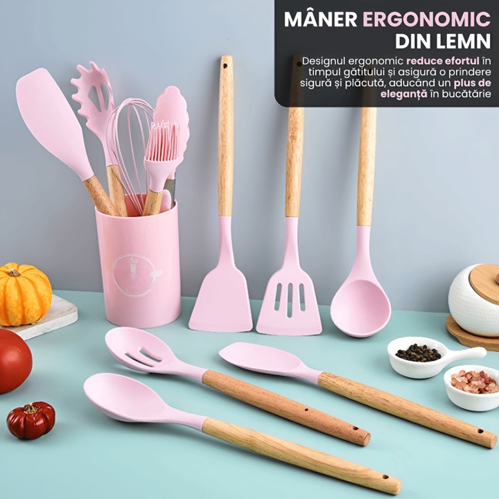 Set Premium Ustensile de Bucatarie pentru Gatit, 12 Piese din Silicon cu Manere din Lemn Bambus Ergonomice, Durabile, Sigur pentru Alimente, Rezistente la Temperaturi Inalte, Usor de Curatat si Organizat, Roz