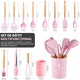 Set Premium Ustensile de Bucatarie pentru Gatit, 12 Piese din Silicon cu Manere din Lemn Bambus Ergonomice, Durabile, Sigur pentru Alimente, Rezistente la Temperaturi Inalte, Usor de Curatat si Organizat, Roz