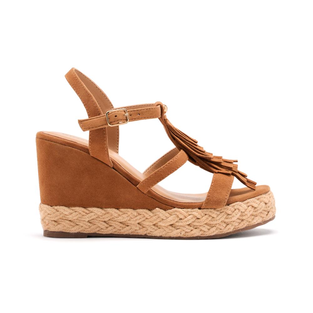 Gioseppo, Sandale wedge de piele cu franjuri, Caramel, 41