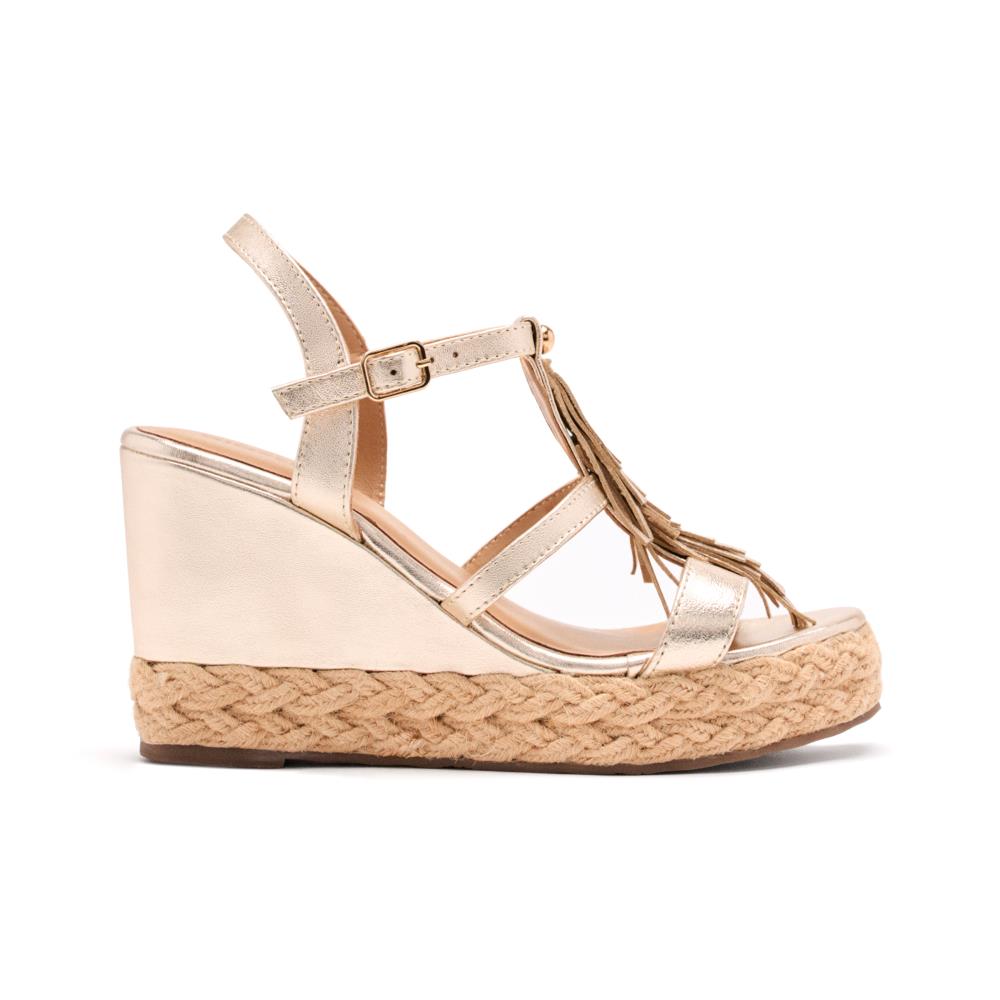 Gioseppo, Sandale wedge de piele cu franjuri, Auriu, 40