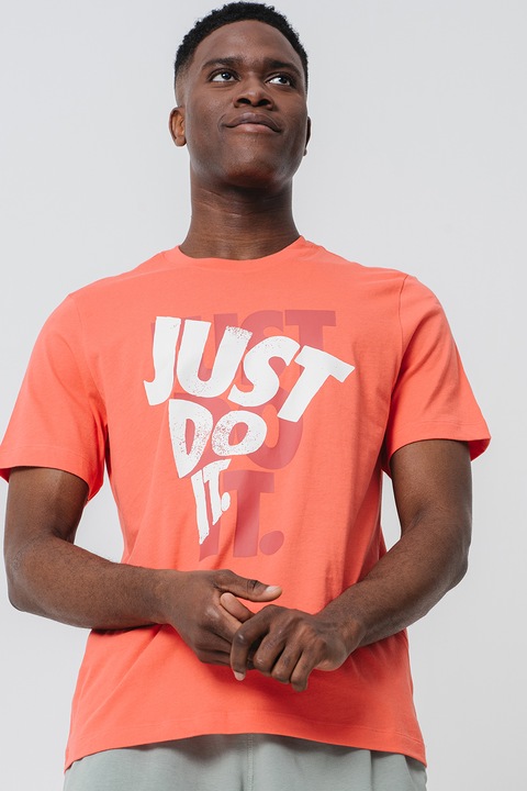 Nike, Tricou din bumbac cu imprimeu text, Alb/Coral/Rosu inchis