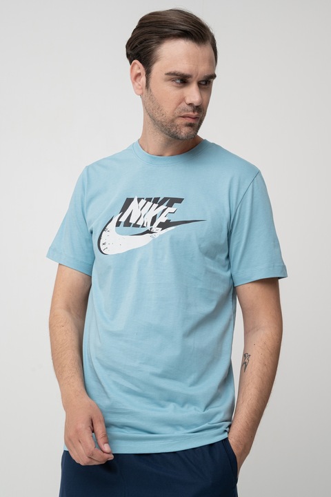 Nike, Памучна тениска с лого, Черен/Ледено синьо/Мръснобял