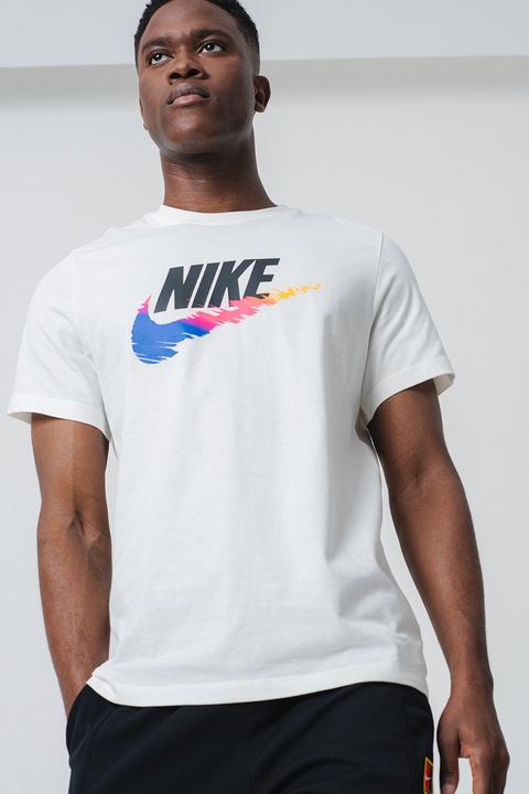 Nike, Tricou cu imprimeu logo si decolteu la baza gatului, Alb/Negru/Albastru royal