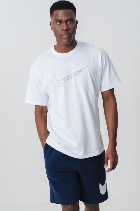 Nike, Tricou cu decolteu la baza gatului, cu monograma, Alb/Negru