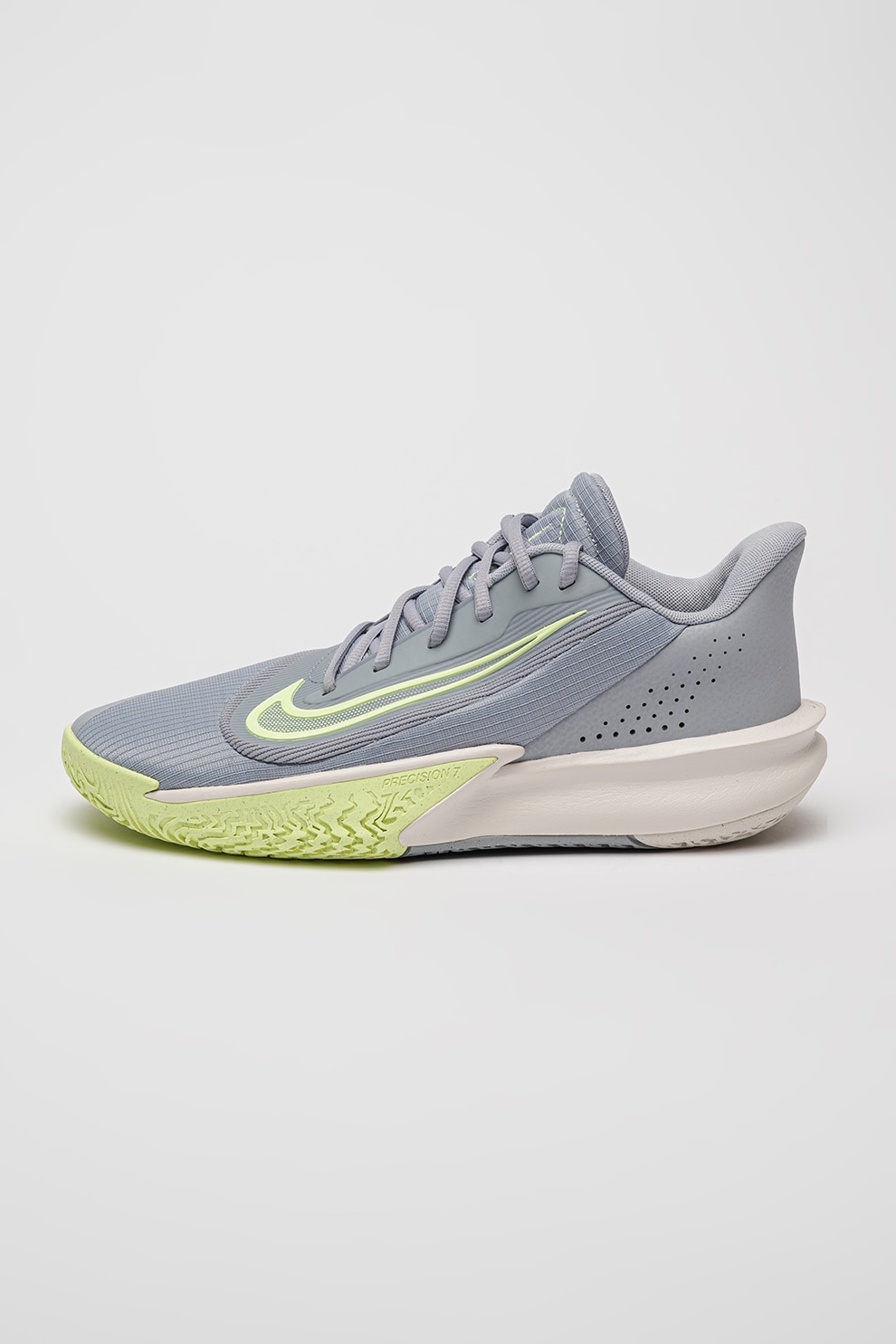 Nike, Pantofi low-cut pentru baschet Precision VII, Gri cenusiu, Verde lime, 11