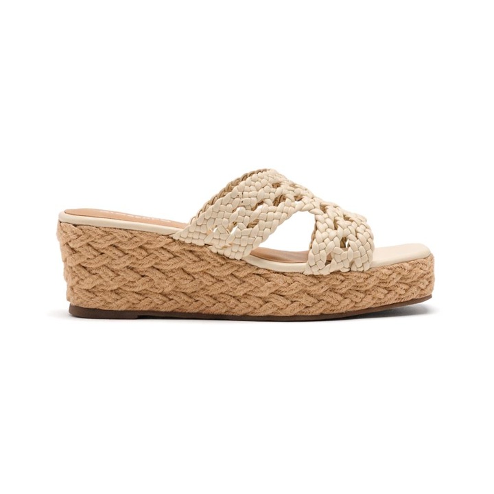 Gioseppo, Papuci din piele cu talpa wedge si aspect crosetat, Alb murdar