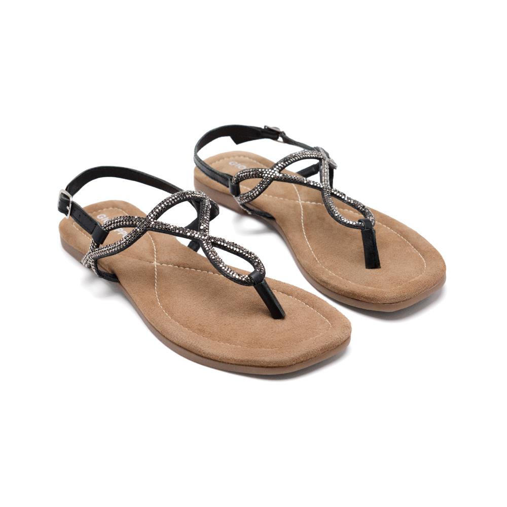 Gioseppo, Sandale cu talpa plata, strasuri si catarama, Negru, 41