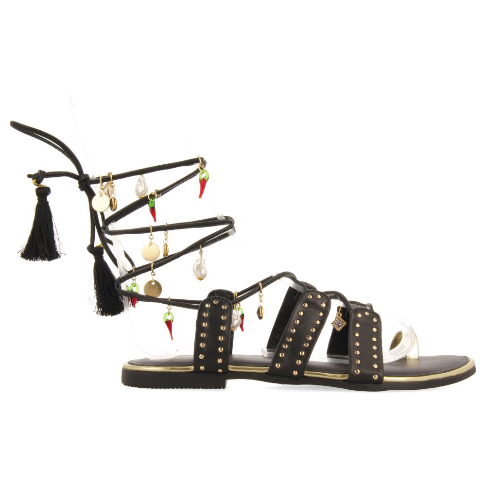 Gioseppo, Sandale de piele cu sireturi si strasuri, Negru, 37