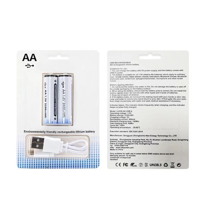 Újratölthető akkumulátor AA 1.5V AIMJIN 2200mWh, 60 perc standard töltés, 40 perc gyors töltés
