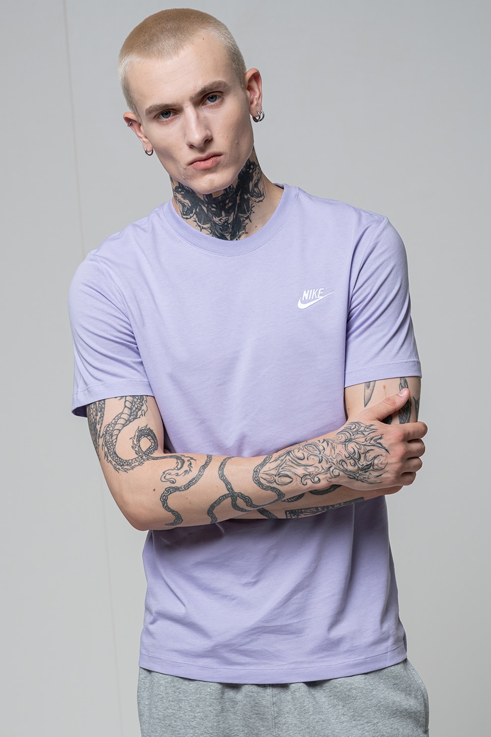 Nike, Tricou din bumbac cu detaliu cu logo brodat Sportswear Club, Violet deschis, S