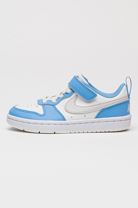 Nike, Pantofi sport Court Borough din piele ecologica cu inchidere velcro, Alb/Albastru azur