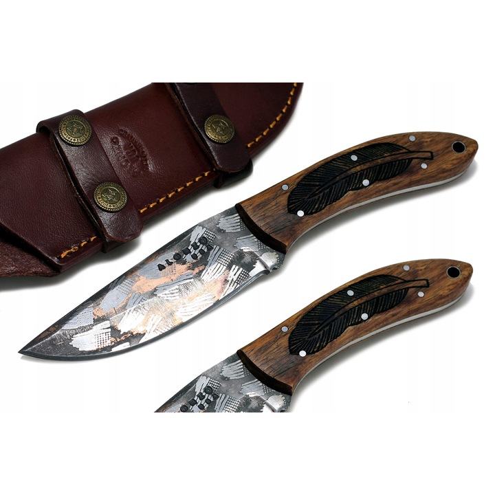 Cutit de vanatoare Alonzo, model 33682, otel 1095HC, lemn BURL, 23cm, cu husa din piele naturala