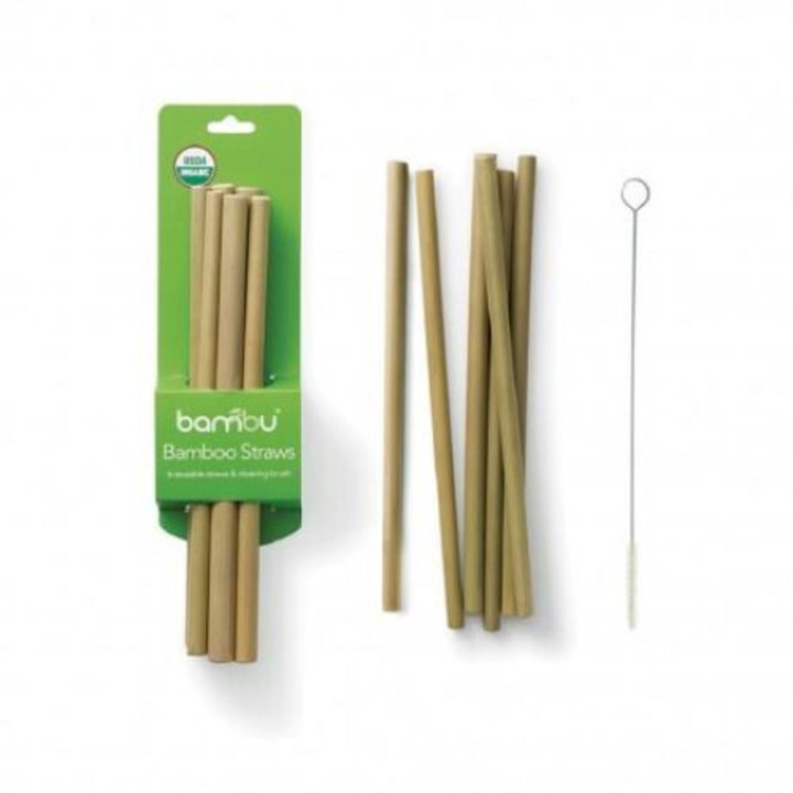 Set de 6 paie naturale reutilizabile Bambu cu perie de curatare, 22cm