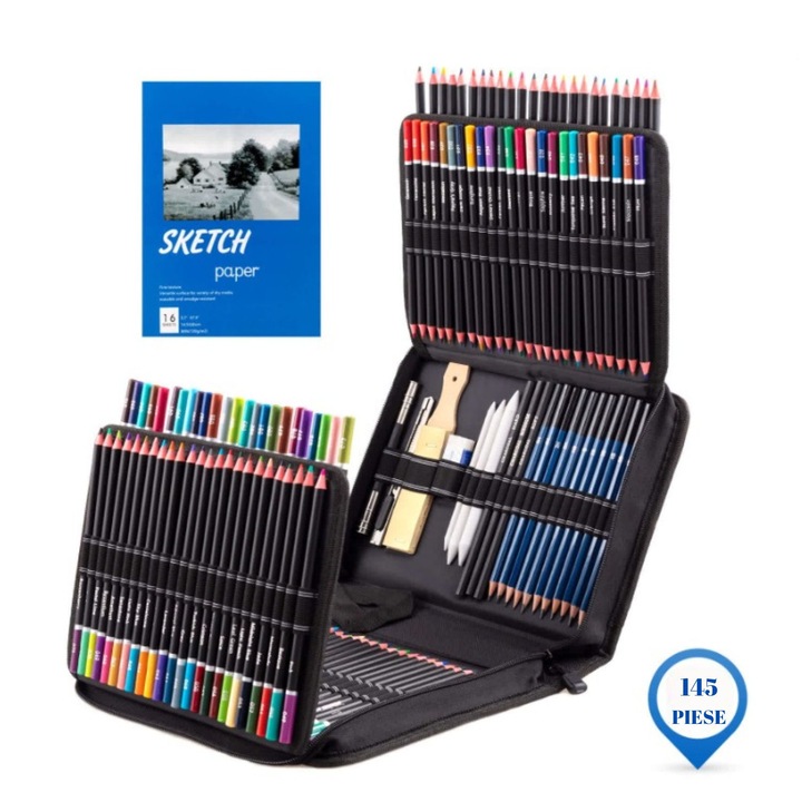 Set Profesioanal de Creioane Colorate cu Accesorii pentru Schite si Desen, Calitate Superioara, 145 piese