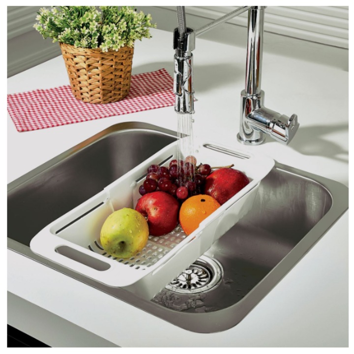 Fehér műanyag kihúzható mosogató szűrő fogantyúkkal 32x20cm